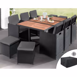 Best Mobilier Cuba, Noir, Métal, Résine, 12 siège(s), 1 table en acacia, 8 chaises et 4 poufs encastrables, 1 pièce(s), 2260  ...