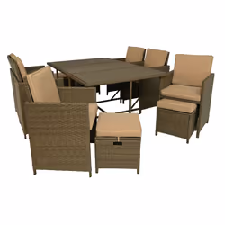 Best Mobilier Sunny, Beige, Marron, Métal, Résine, 10 siège(s), 1 table en polywood, 6 chaises avec coussins d'assise, 4 pouf ...