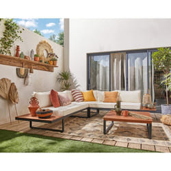 Yulara - salon bas dangle de jardin 5 places - bois métal et coussins beiges - Noir / Bois / Beige