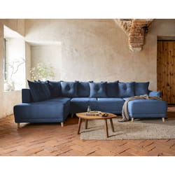 Lena - canapé panoramique dangle gauche 7 places - convertible avec coffre - en velours côtelé - Bleu