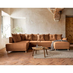Lena - canapé panoramique dangle gauche 7 places - convertible avec coffre - en velours côtelé - Rouille