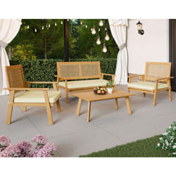 Siboney - salon bas de jardin 4 places - bois, cannage et coussins beiges