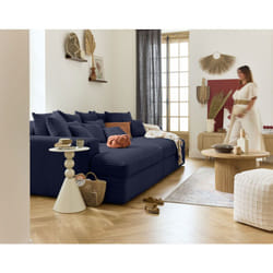 Collins - canapé droit 4 places avec double méridienne - assise profonde - velours côtelé grosses côtes - bleu
