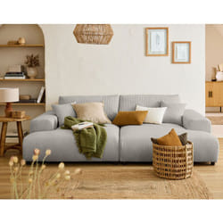 Garance - canapé droit 4 places double méridienne - assise profonde - en velours côtelé - gris clair