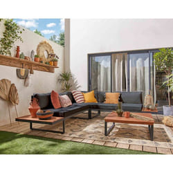 Yulara - salon de jardin en bois et métal - 5 places - coussins gris - Noir / Bois / Beige