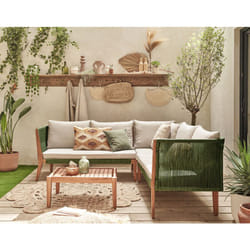 Papua - salon de jardin en bois et corde kaki - 5 places - coussins beige