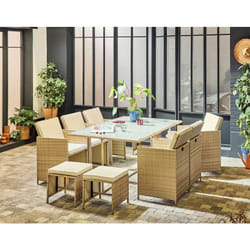 Fira – salon de jardin encastrable en résine tressée beige - 10 places - coussins beige + housse de protection - beige