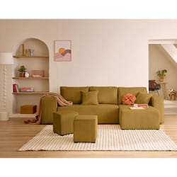Topaze - canapé d'angle réversible 4 places - convertible avec coffre, tablette et poufs - en velours côtelé