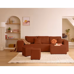 Topaze - canapé d'angle réversible 4 places - convertible avec coffre, tablette et poufs - en velours côtelé