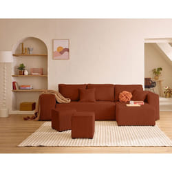 Topaze - canapé d'angle réversible 4 places - convertible avec coffre, tablette et poufs - en velours côtelé
