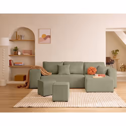 Topaze - canapé d'angle réversible 4 places - convertible avec coffre, tablette et poufs - en velours côtelé
