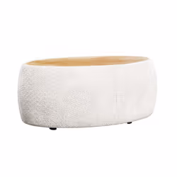 Mahina - table basse ovale - en tissu bouclette et plateau effet bois - 114 cm - Beige