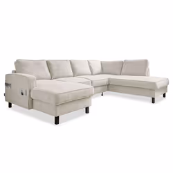 Molly - Canapé panoramique dangle droit 7 places convertible avec coffre en tissu - Beige