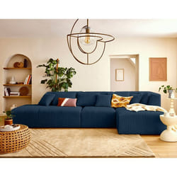 Victoire - canapé modulable dangle droit 5 places en velours côtelé grosses côtes - Bleu