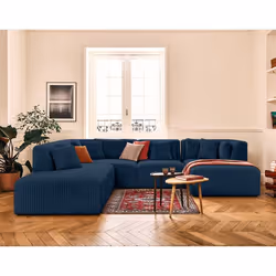 Victoire - canapé modulable panoramique dangle gauche 7 places en velours côtelé grosses côtes - Bleu