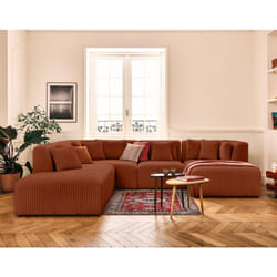 Victoire - canapé modulable panoramique d'angle gauche 7 places en velours côtelé grosses côtes - terracotta