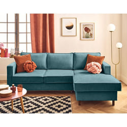 Jake - canapé d'angle droit 4 places convertible avec coffre en tissu velours relief