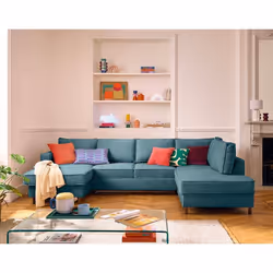 Jake - canapé panoramique d'angle droit 7 places convertible avec coffre en tissu velours relief