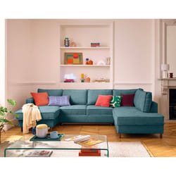 Jake - canapé panoramique d'angle droit 7 places convertible avec coffre en tissu velours relief