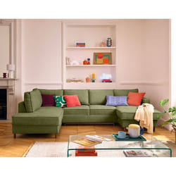 Jake - canapé panoramique d'angle gauche 7 places convertible avec coffre en tissu velours relief