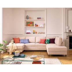 Jake - canapé panoramique d'angle droit 7 places convertible avec coffre en tissu velours relief