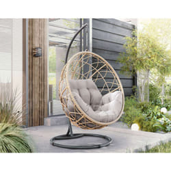 Copacabana - fauteuil suspendu 1 place - résine tressée beige et coussins gris