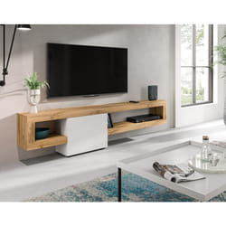 Ned - meuble tv suspendu - 1 porte et 1 étagère - bois et blanc - 190 cm