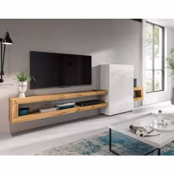 Ned - meuble tv suspendu - 2 portes et 2 étagères - bois et blanc - 270 cm