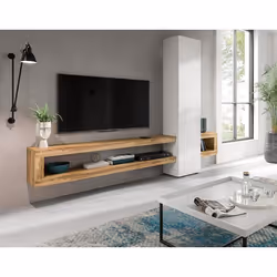 Ned - meuble tv suspendu - 1 porte et 3 étagères - bois et blanc - 240 cm