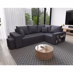 Libbie - Canapé d'angle droit 4 places convertible avec coffre, étagère et poufs en tissu