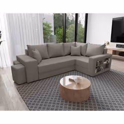 Libbie - Canapé d'angle droit 4 places convertible avec coffre, étagère et poufs en tissu