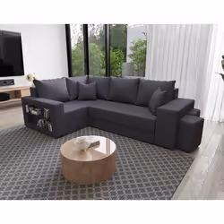 Libbie - Canapé d'angle gauche 4 places convertible avec coffre, étagère et poufs en tissu