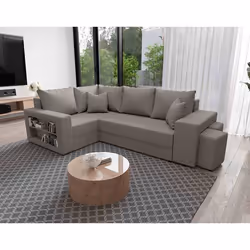 Libbie - Canapé d'angle gauche 4 places convertible avec coffre, étagère et poufs en tissu