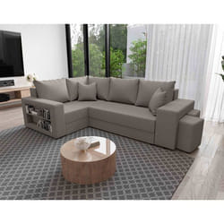 Libbie - Canapé d'angle gauche 4 places convertible avec coffre, étagère et poufs en tissu