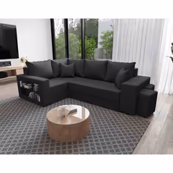Libbie - Canapé d'angle gauche 4 places convertible avec coffre, étagère et poufs en tissu