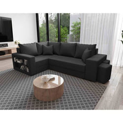 Libbie - Canapé d'angle gauche 4 places convertible avec coffre, étagère et poufs en tissu