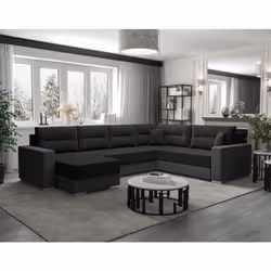 Leslie - Canapé panoramique d'angle réversible 7 places convertible avec coffre en tissu