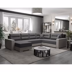 Leslie - Canapé panoramique d'angle réversible 7 places convertible avec coffre en tissu