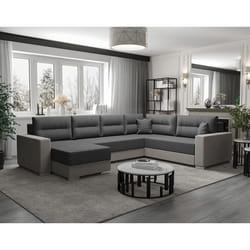 Leslie - Canapé panoramique d'angle réversible 7 places convertible avec coffre en tissu