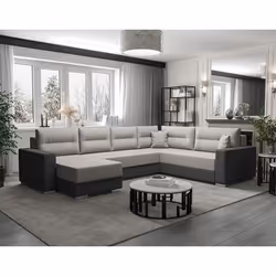 Leslie - Canapé panoramique d'angle réversible 7 places convertible avec coffre en tissu