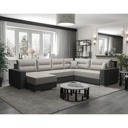 Leslie - Canapé panoramique d'angle réversible 7 places convertible avec coffre en tissu