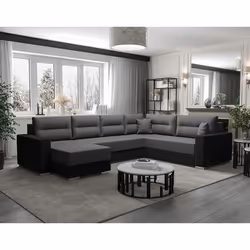 Leslie - Canapé panoramique d'angle réversible 7 places convertible avec coffre en tissu