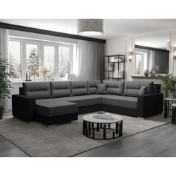 Leslie - Canapé panoramique d'angle réversible 7 places convertible avec coffre en tissu