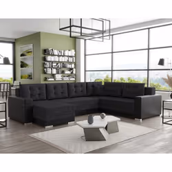 Roger - Canapé panoramique d'angle réversible 7 places convertible avec coffre en tissu