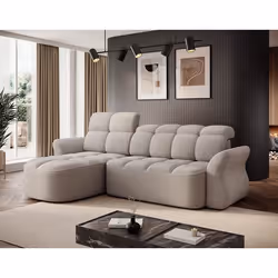 Brume - Canapé dangle gauche 4 places convertible électrique avec coffre et têtières réglables en tissu bouclette - Beige
