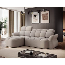 Brume - Canapé dangle gauche 4 places convertible électrique avec coffre et têtières réglables en tissu bouclette - Beige