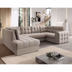 Nappa - Canapé panoramique dangle droit 7 places convertible avec coffre en velours - Beige