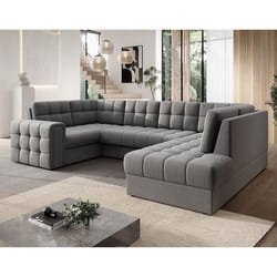 Nappa - Canapé panoramique dangle gauche 7 places convertible avec coffre en velours - Gris clair