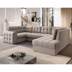 Nappa - Canapé panoramique dangle gauche 7 places convertible avec coffre en velours - Beige
