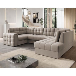 Nappa - Canapé panoramique dangle gauche 7 places convertible avec coffre en velours - Beige